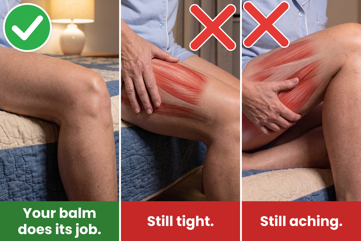 Three close views at bedtime: the knee at rest with a big green check, Your balm does its job; the front of the thigh, the muscle red and tight under her hand, with a red cross, Still tight; the back of the thigh, red and tight in her hand, with a red cross, Still aching.