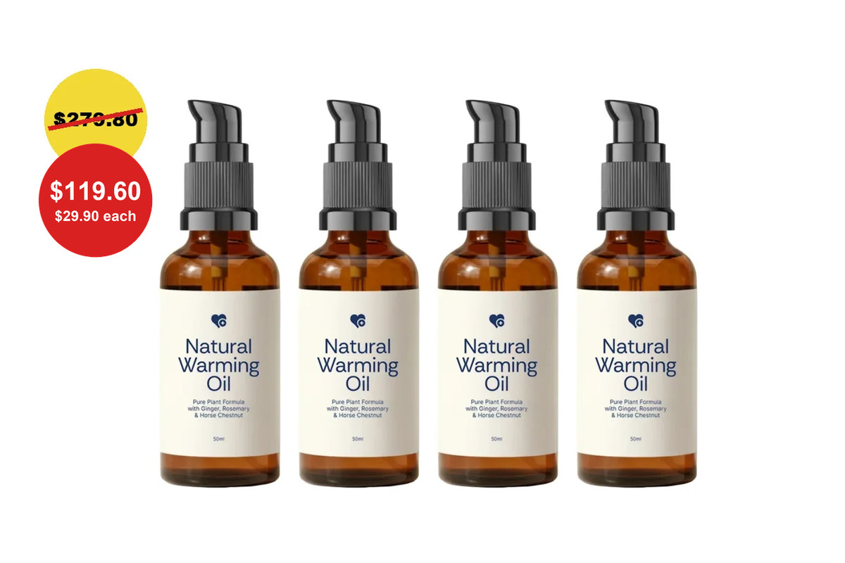 Four bottles of Nurovita Natural Warming Oil: $279.80 struck through; $119.60, $29.90 each.