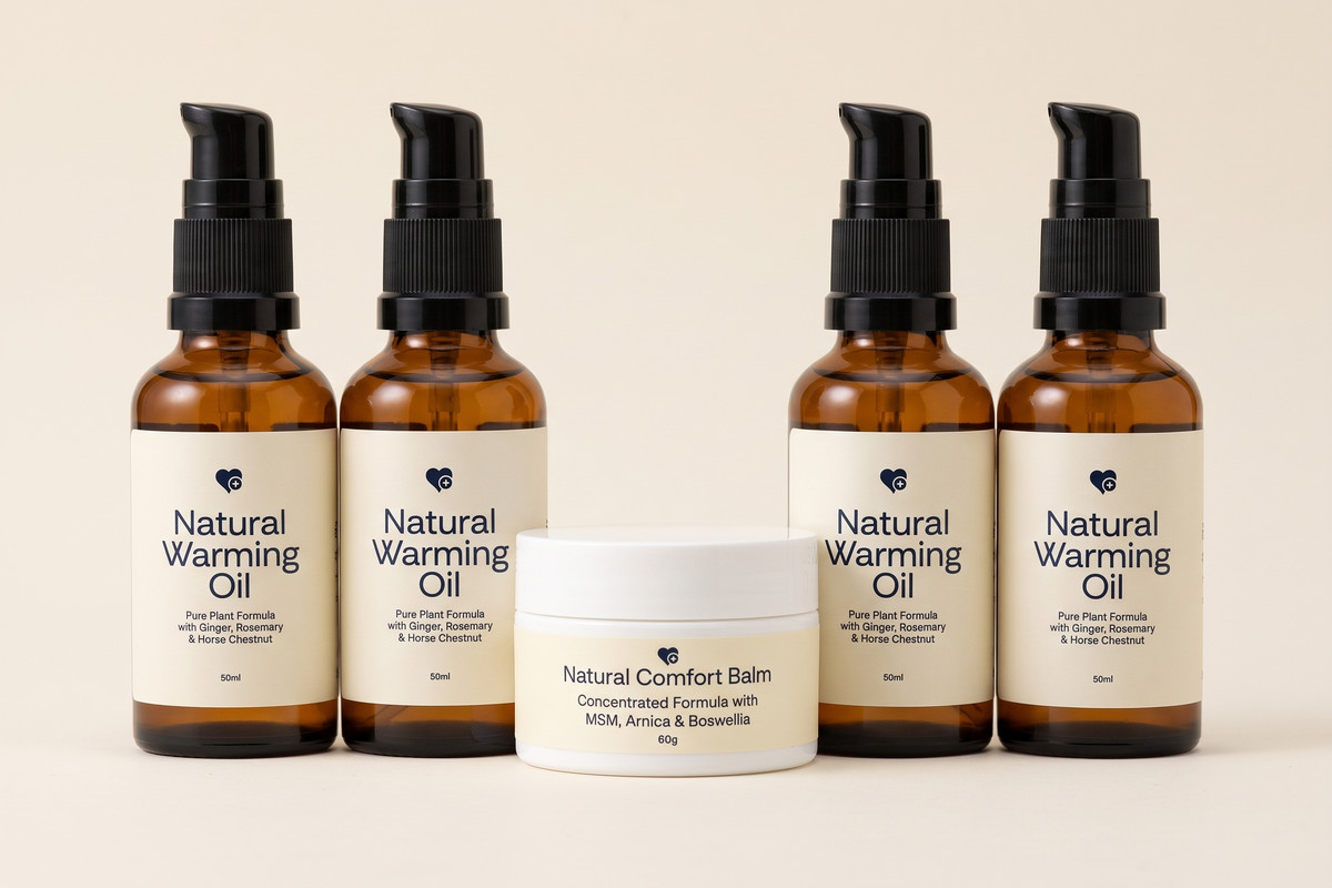 Four bottles of Nurovita Natural Warming Oil with the Nurovita Natural Comfort Balm jar in the middle.