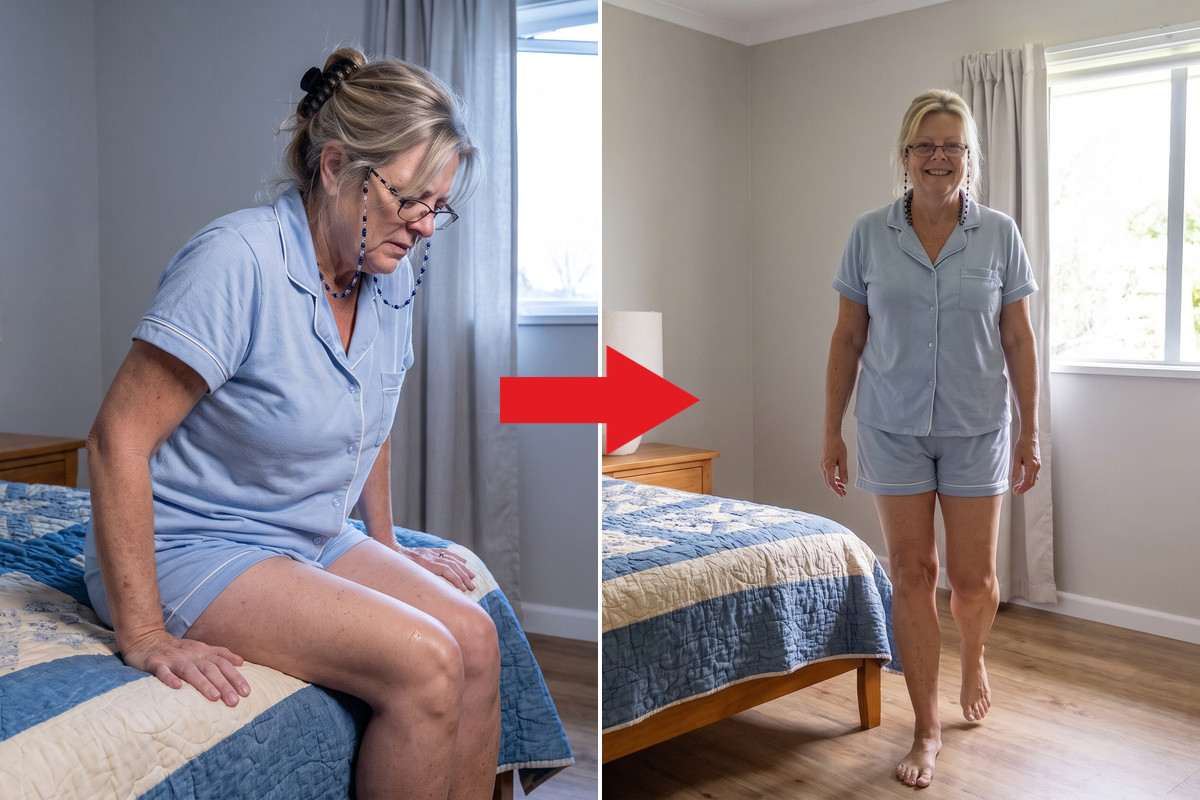 One morning, before and after: before, leaning forward on the edge of the bed and pushing herself up with both hands; a red arrow; after, up and walking across the bright bedroom, hands free and smiling.