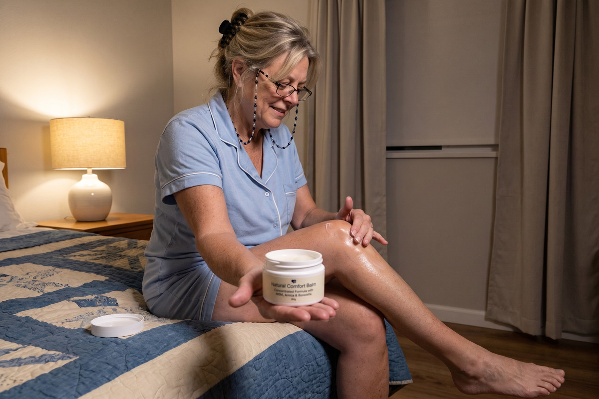 At bedtime on the edge of the bed, rubbing Nurovita Natural Comfort Balm into the front of her knee, the small open jar in the palm of her other hand.