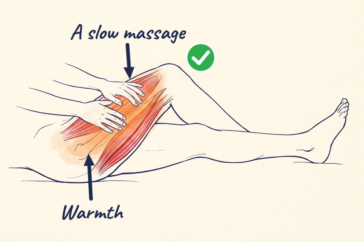 The same leg drawing: two hands give the front of the thigh a slow massage, with a soft warm glow on the skin where they move; the knee keeps its green check. Labels: Warmth, A slow massage.
