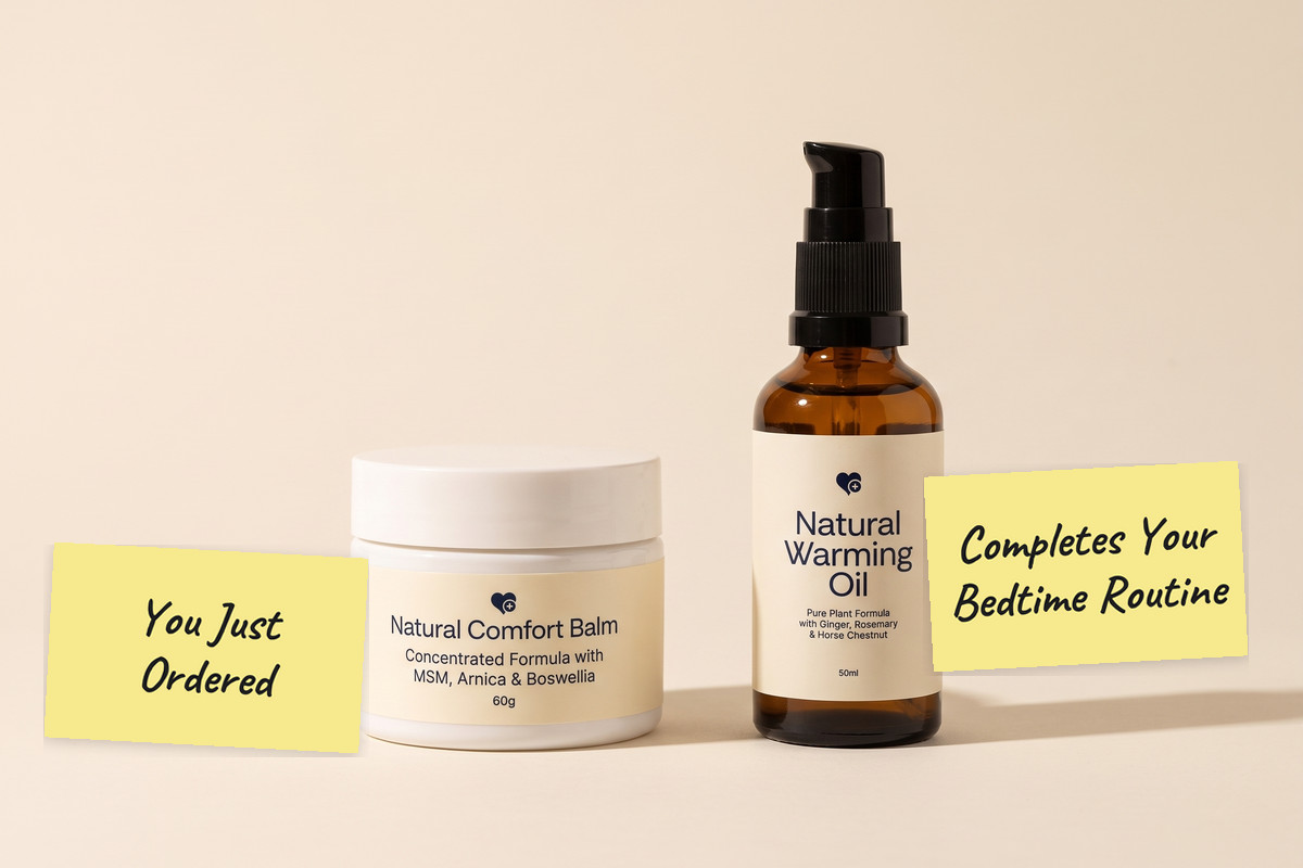 The Nurovita Natural Comfort Balm jar next to the Nurovita Natural Warming Oil pump bottle, with two notes: You Just Ordered, and Completes Your Bedtime Routine.