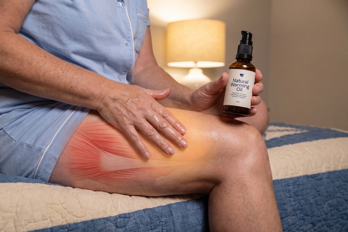 Close view at bedtime: massaging Nurovita Natural Warming Oil into the front of her thigh, a soft warm glow on the skin under her hand, the muscle higher up still red and tight, the bottle held up in her other hand.