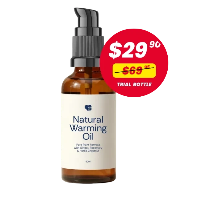 One bottle of Nurovita Natural Warming Oil with a red price badge: $29.90, $69.95 struck through, Trial Bottle.